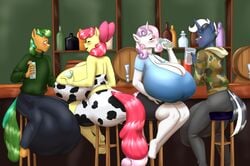 anthro apple_bloom_(mlp) balls bar big_balls big_breasts blues64 blush breasts bulge cleavage clothed clothing coral_leaf_(oc) drinking equid equine female friendship_is_magic genital_outline genitals hair_on_head hasbro hi_res horn huge_balls huge_breasts hyper hyper_balls hyper_breasts hyper_genitalia male mammal marauder6272 my_little_pony penis_outline sitting sweetie_belle_(mlp) unicorn