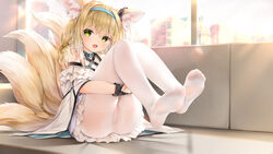 animal_ears arknights chen_bin kitsune no_panties pantyhose pussy see_through sitting suzuran_(arknights) tail