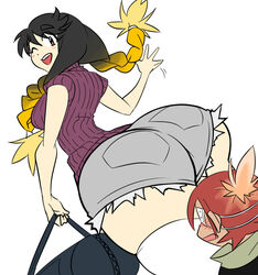 ass bailey_(matsu-sensei) big_ass big_butt booty_shorts braided_hair denim_shorts female height_difference huge_ass huge_butt hyper_ass jerry_(matsu-sensei) looking_back matsu-sensei original thighhighs twin_braids wink