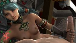 3d bed breasts dark_skin female green_eyes green_hair handjob hat hetero namco nipples nude penis sfmslayer smile soul_calibur source_filmmaker talim