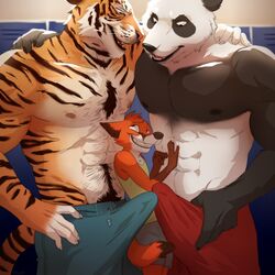 1:1 3boys anthro bulge canid canine captainskee clothed clothing erection erection_under_clothes erection_under_clothing felid fox gay giant_panda hi_res locker_room male male/male male_only mammal pantherine sandwiched size_difference tagme tenting tiger topless ursid yaoi