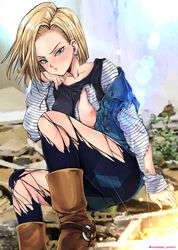 1girls android_18 big_breasts boots breasts breasts_out dragon_ball female female_focus female_only nipples oyaman ripped_clothing solo solo_female solo_focus