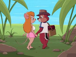 4:3 anthro basket chip chip_'n_dale_rescue_rangers chipmunk clothed clothing disney duo fedora female gadget_hackwrench ground_squirrel hand_holding hat headgear headwear male mammal mouse murid murine picnic_basket picnic_blanket rodent sciurid sfan straight walking