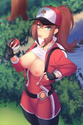 1girls areolae backpack bag belt big_breasts blue_eyes blush breasts brown_hair female female_protagonist_(pokemon_go) footwear gloves handwear hat holding_object holding_poke_ball human kazukoto light-skinned_female light_skin long_hair nipples pale-skinned_female pale_skin pokemon pokemon_go ponytail shirt_lift shorts tongue tongue_out