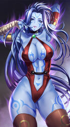 1girls big_breasts blue_eyes blue_hair blue_skin breasts cleavage cleavage_cutout demon_girl female sadakage standing tagme tattoos