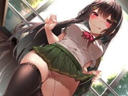 :q absurdres black_hair black_legwear blush bow bow_panties bowtie breasts cameltoe eyebrows_visible_through_hair female green_skirt hair_ornament hairclip highres large_breasts long_hair looking_at_viewer non-web_source original panties pussy_juice red_eyes red_neckwear school_uniform shirt short_sleeves side-tie_panties skirt thighhighs thighs tongue tongue_out toyosaki_shu underwear untied untied_panties white_panties white_shirt