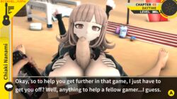 3d beach breasts coaxel danganronpa danganronpa_2:_goodbye_despair dialogue english_text fake_screenshot foreskin futa_on_female futa_pov futanari huge_breasts huge_cock large_breasts looking_at_penis looking_at_viewer nanami_chiaki nipples paizuri penis pov straight_hair tagme text