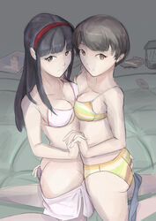 2girls 9_9bird amagi_yukiko ass atlus bikini black_hair brown_hair holding_hands long_hair multiple_girls persona persona_4 satonaka_chie short_hair