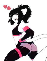 1boy anthro ass black_hair bulge clothed clothing crossdressing feline femboy furry girly heart highres looking_at_viewer male male_only mammal mercy_(suelix) midriff open_mouth rubber smile sports_bra suelix tail underwear white_background wink