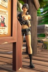 3d 3d_(artwork) black_boots black_hair black_shirt blender boots combat_boots dark_grey_hair dog_tags drdrigg drunken.drigg flashing flashing_breasts fortnite fortnite:_battle_royale gloves grey_shorts headhunter_(fortnite) jolly_roger medium_breasts nipple one_breast_out outside pine_tree ponytail shorts survival_specialist tagme_(character) tree utility_belt wooden_floor