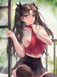 1girls blue_eyes breasts_bigger_than_head brown_hair chihunhentai clothes curvy dark_hair fate/stay_night fate_(series) female female_only human jewelry large_breasts long_hair looking_at_viewer partially_clothed skirt solo stockings thick_thighs tohsaka_rin twintails wet_breasts