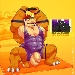 armpit_hair arms_up balls blush bowser chest_hair crotchless danandnite dragaux electronics exercise exercise_clothing exercising flaccid game_controller huge_balls joycon_controller lost_clothes male male_only mario_(series) partially_retracted_foreskin penis penis_out pilates_ring pubic_hair ring_fit_adventure ringcon_controller ripped_clothing spread_legs squatting sweating wardrobe_malfunction