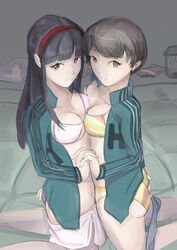 2girls 9_9bird amagi_yukiko atlus bikini black_hair brown_hair holding_hands long_hair persona persona_4 satonaka_chie short_hair