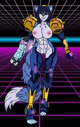 2019 accessory anthro armor big_breasts blue_body blue_fur blue_hair bracelet breasts canid canine clothing female fox fur gauntlets genitals gloves green_eyes hair handwear headband hi_res high_tech_armor jewelry krystal krystal_appreciation_month looking_at_viewer mammal multicolored_body multicolored_fur multicolored_tail nintendo nude pussy smile solo star_fox tailband video_games white_body white_fur