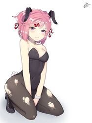 1girls angry bunny_ears bunny_girl bunny_tail bunnysuit choker doki_doki_literature_club eyelashes female female_only frown hair_ornament hair_ribbon heels kneeling leotard light-skinned_female light_skin matching_hair/eyes natatheknife natsuki_(doki_doki_literature_club) navel pale-skinned_female pale_skin petite pink_eyes pink_hair playboy_bunny_leotard ribbon_choker short_hair solo torn_leggings torn_legwear torn_pantyhose tsundere white_background