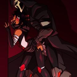 against_wall dark_skin dubious_consent female_penetrated masked_male neck_grab oc_x_canon open_mouth overwatch overwatch_2 overwatch_oc reaper red ripped_clothes ripped_clothing ripped_pants standing_sex tearing_up tongue_out trenchcoat