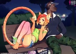 2boys ass bench booty_shorts brown_fur bulge canid canine chinpo clothing comic feline femboy furry girly hardblush hoodie long_tail male male_only night open_mouth orange_fur orange_hair park park_bench public red_eyes shoes short_shorts sneakers stirrup_socks tail thighs trap website