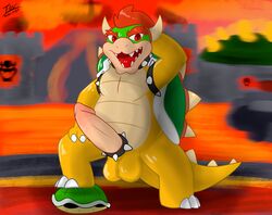 1boy 2020 absurd_res accessory anthro balls bowser bracelet cock_ring detailed_background erection front_view full_body genitals hand_behind_head hand_on_leg hand_on_thigh hi_res jewelry koopa koopa_shell lava looking_at_viewer male male_only mario_(series) nintendo nude open_mouth outdoors penis penis_accessory penis_jewelry prate red_eyes scalie shell signature smile solo spiked_bracelet spiked_cock_ring spikes standing super_mario_bros. tail testicles turtle_shell video_games volcanic_setting