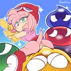 1:1 ambiguous_gender ambiguous_penetrating ambiguous_penetrating_female amitie_(cosplay) amy_rose anthro anthro_focus anthro_penetrated anus beanie black_body black_nose blue_background blue_body blue_eyes blush carbuncle_(puyo_puyo) closed_eyes clothing eulipotyphlan female female/ambiguous female_focus female_penetrated footwear forehead_gem fur genitals goo_creature gradient_background green_body green_eyes group half-closed_eyes hat headgear headwear heart_tongue hedgehog hi_res hoodie hug looking_back looking_down mammal narrowed_eyes open_mouth penetration pink_body pink_clothing pink_fur pink_topwear pussy puyo_(puyopuyo) puyo_puyo raised_tail rear_view red_body red_clothing red_eyes red_footwear red_headwear running_shoes sega senshion simple_background solo_focus sonic_(series) sonic_runners sonic_the_hedgehog_(series) sparkles spiral_eyes spread_legs spreading straddling tail topwear vaginal_penetration yellow_body