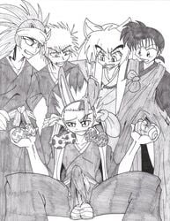 5boys black_and_white bleach crossover easter easter_balls ichigo_kurosaki inuyasha inuyasha_(character) male male/male male_only miroku renji_abarai toshiro_hitsugaya trainer_(artist) uncensored yaoi