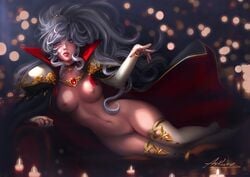 1girls arkuny breasts collar female female fire_emblem fire_emblem:_genealogy_of_the_holy_war fire_emblem_heroes ishtar_(fire_emblem) jewelry lying nintendo nipples nude on_side ponytail purple_eyes pussy realistic shoulder_pads silver_hair