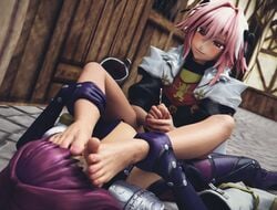 1boy 1futa 3d astolfo_(fate) barefoot cum cumshot dawadd erection fate/apocrypha fate/grand_order fate_(series) feet feet_on_face femboy futanari girly handjob male male_on_futa penis scathach_(fate) toes trap