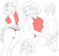 1girls ass blush closed_eyes female_only hashgrij_senpai line_art looking_at_viewer looking_back my_hero_academia ochako_uraraka one_eye_closed open_mouth panties rosy_cheeks short_hair skirt skirt_lift smile socks solo tank_top wink