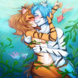 1:1 absurd_res anthro duo felid female fish flora flora_(twokinds) hi_res kaefertaxi kissing male mammal marine merfolk pantherine romantic_ambiance romantic_couple seashell_bra seaweed straight tiger trace_legacy twokinds underwater water webcomic