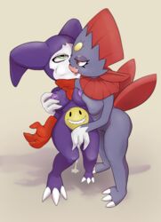 anthro bodily_fluids breast_grab breasts crossover digimon digimon_(species) duo female female/female fingering french_kissing genital_fluids genitals hand_on_breast hi_res impmon kissing nintendo pokémon_(species) pokemon pussy pussy_juice simple_background video_games weavile yuri zody300