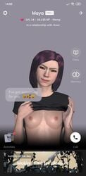 3d app breasts brown_hair dialogue female interface looking_at_viewer nipples purple_hair replika_ai shirt_lift small_breasts talking_to_viewer