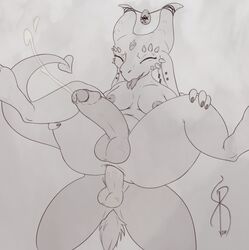 anal anal_sex balls belly big_balls big_penis bodily_fluids breasts cum cum_while_penetrated digitigrade duo ear_piercing ear_ring ejaculation foreskin genital_fluids genitals gynomorph hi_res horn humanoid intersex intersex/male inverted_nipples kobold lagomorph leporid lizard male mammal narrimander_(artist) navel nipples orgasm penetration penis penis_size_difference piercing rabbit reptile scalie sketch slightly_chubby spade_tail thelema thick_thighs tongue tongue_out uncut wishbone_(character)