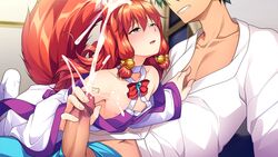 2boys animal_ears aogiri_penta bangs bare_shoulders bell blue_pants blush bow choker clenched_teeth clothed_sex clothing cuddling_handjob cum drooling ejaculation erection eyebrows_visible_through_hair femboy fox_boy fox_ears fox_tail game_cg green_eyes hair_bell hair_ornament hand_on_another's_chest handjob head_out_of_frame indoors japanese_clothes jingle_bell josou_jinja long_hair loose_clothes loose_shirt magatama male_focus masato_(josou_jinja) mouth_drool multiple_boys navel nipple_slip nipples orgasm otoko_no_ko pajamas pants penis projectile_cum red_bow red_hair shirt shirt_pull socks tail teeth trap uncensored window yaoi yui_(josou_jinja)