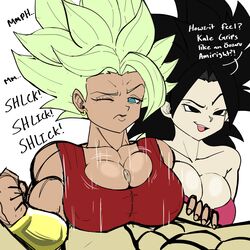 1boy 2girls big_breasts breast caulifla dark-skinned_female dark_skin dragon_ball dragon_ball_super english_text female green_hair huge_breasts kale kale_(berserker) legendary_super_saiyan light-skinned_female light_skin male multiple_girls muscular_female naughty_face nipples paizuri pseudocel rough_sex saiyan seductive seductive_smile short_hair smile spiky_hair straight super_saiyan super_saiyan_2 text threesome universe_6/universe_7 universe_6_saiyan/universe_7_saiyan