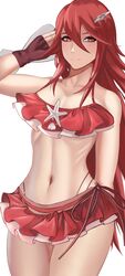 1girls arcedo bare_arms bare_legs bare_shoulders belly belly_button big_breasts bikini bikini_skirt cordelia_(fire_emblem) cordelia_(summer)_(fire_emblem) female fingerless_gloves fire_emblem fire_emblem_awakening fire_emblem_heroes gloves hair_between_eyes hair_ornament long_hair looking_at_viewer medium_breasts midriff nintendo red_bikini red_eyes red_hair red_swimsuit simple_background smile solo solo_female swimsuit thighs very_long_hair white_background wide_hips