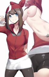 1girls areolae ass big_ass blue_eyes breasts brown_hair female may_(pokemon) medium_hair minishorts nintendo nipples pale-skinned_female pale_skin pokemon pokemon_rse pubic_hair sha_(amfil100) shorts spandex_shorts thick_thighs thighs white_background