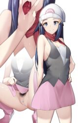 1girls blue_eyes blue_hair boots breasts censor_bar dawn_(pokemon) female hat long_hair nintendo no_panties open_mouth pale-skinned_female pale_skin pokemon pokemon_dppt pubic_hair pussy saliva sexually_suggestive sha_(amfil100) skirt squatting thighs tongue_out white_background