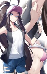 1girls alternate_version_available armpits blue_eyes bra brown_hair eye_contact female hat hilda_(pokemon) looking_at_viewer nintendo pale-skinned_female pale_skin pokemon pokemon_bw ponytail sha_(amfil100) shirt_lift shorts white_background