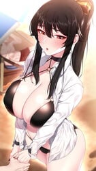 1girls 2020 2boys akchu assisted_coverage beach bikini black_hair black_nails blurry blurry_background blush bow bracelet breast_squeeze breasts chobi_(akchu) choker cleavage couple covering covering_self embarrassed female hair_between_eyes hair_ribbon half-closed_eyes highres holding_hands jewelry large_breasts lips long_hair long_ponytail looking_away male multiple_boys nail_polish navel o-ring o-ring_bikini offscreen_character open_clothes open_mouth original ponytail red_eyes ribbon sand shirt sidelocks sitting standing string_bikini sunlight swim_trunks swimsuit swimwear teeth thick_thighs thighs topless v_arms wristband