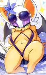 2020 anthro bat beach bikini breasts cleavage female female_focus female_only green_eyes krokobyaka nipples painted_nails painted_toenails purple_eyeshadow purple_nails rouge_the_bat sega shortstack sling_bikini solo sonic_(series) sunglasses sunglasses_on_head swimsuit thick_thighs thighs white_fur white_skin