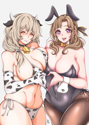 2girls alternate_costume animal_ears bell bikini breasts bright_pupils brown_hair bunny_ears bunnysuit closed_eyes cow_bikini cow_ears cow_horns cow_print cowbell crossover detached_sleeves female female_only heart heart-shaped_pupils high_resolution horns huge_breasts large_breasts long_hair looking_at_viewer mature mature_female milf mr._chuushuu_setsu multiple_girls oosuki_mamako simple_background smile swimsuit tsuujou_kougeki_ga_zentai_kougeki_de_ni-kai_kougeki_no_okaasan_wa_suki_desu_ka? uzaki-chan_wa_asobitai! uzaki_tsuki white_background