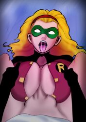 areola_slip batman_(series) big_breasts dc dc_comics faceless_male female male mask paizuri pov robin_(dc) robin_(stephanie_brown) stephanie_brown titjob tongue tongue_out totalmirage