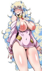 areolae bare_shoulders blue_eyes blush censor_bar censored clothing dress earrings embarrassed female gggg hair_between_eyes highres inverted_nipples jewelry large_areolae large_breasts long_hair looking_at_viewer multicolored_hair navel nia_teppelin nipples no_bra no_panties open_mouth pussy ring smile solo_female symbol-shaped_pupils tengen_toppa_gurren_lagann thick_thighs wedding_ring white_background