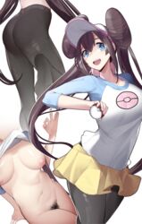 1girls alternate_version_available areolae ass big_ass black_leggings blue_eyes breasts brown_hair double_bun female hat holding_object holding_poke_ball leggings long_hair nintendo nipples pale-skinned_female pale_skin pokemon pokemon_bw pokemon_bw2 pubic_hair rosa_(pokemon) sha_(amfil100) thighs twintails white_background