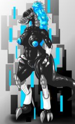 absurd_res anthro bananathief big_breasts black_body blue_flesh blue_hair breasts claws curvy_figure eyeless fangs female genitals hair hi_res machine pussy robot rubber solo voluptuous