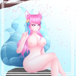 1girls 2020 ahri bells big_breasts blue_eyes blue_tail breasts cat_ears closed_mouth crossed_legs ear_fluff female female_only fluffy_tail hair_over_breasts huge_tail large_breasts league_of_legends long_hair lunaying nude nude_female open_eyes pink_eyebrows pink_hair pink_nipples riot_games simple_background sitting spirit_blossom_ahri spirit_blossom_series tail tree tree_branch vastaya