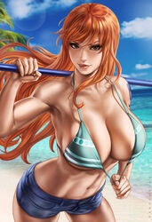 1girls armpits beach big_breasts bikini breasts cleavage clima-tact dandon_fuga denim_shorts female female_focus female_only nami one_piece outdoors post-timeskip shorts solo solo_female solo_focus