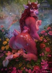 2020 5_fingers anthro areola breasts brown_hair cervid day detailed_background digital_media_(artwork) female fingers fossa666 hair hi_res hooves horn mammal nipples outside smile solo