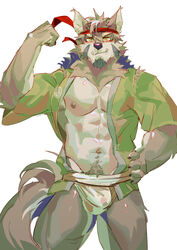 1boy accessory anthro athletic athletic_anthro athletic_male bara blush canid canine canis clothed clothing fangs fur green_clothing grey_body grey_fur hand_on_hip headband hi_res male male_only mammal nipples seatohao simple_background solo temujin tokyo_afterschool_summoners underwear video_games white_background white_clothing white_underwear wolf yellow_eyes