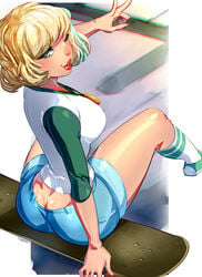 1girls arm_support ass back_view blonde_hair blush butt_crack clothed disney female female_only from_above green_eyes highres jackie_lynn_thomas pinup shiny_skin short_hair shorts sitting skateboard smile solo solo_focus star_vs_the_forces_of_evil stockings straight_hair two-tone_hair v wink xdtopsu01