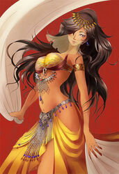 1girls arabian arabian_clothes armlet belly belly_dancer belly_dancer_outfit brown_hair cleavage dancer dancer_outfit dancing earrings female hair_ornament harem_outfit jewelry large_breasts lavender_eyes long_hair nikon original original_character seductive skirt smile veil